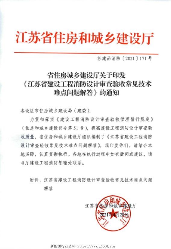 江苏《江苏省建设工程消防设计审查验收常见技术难点问题解答》的通知（苏建函消防（2021）171号）.jpg