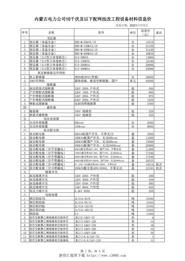 内蒙古电力公司10千伏及以下配电技改工程设备材料信息价2022.1.jpg